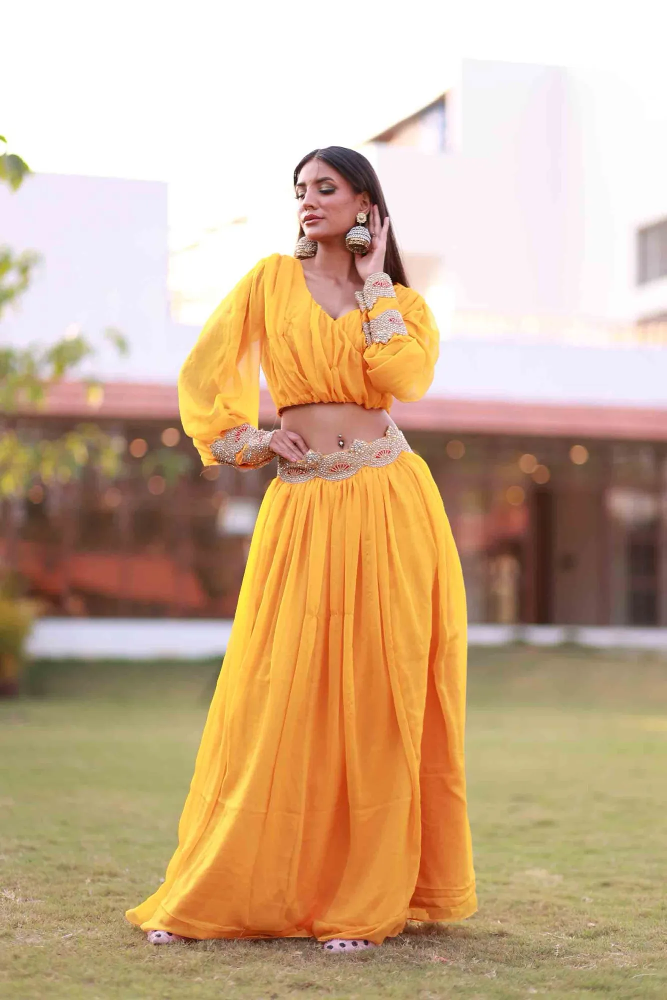 Marigold yellow coord-set on green lawn